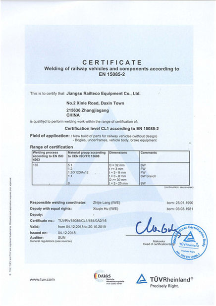 China Jiangsu Railteco Equipment Co., Ltd. Certification